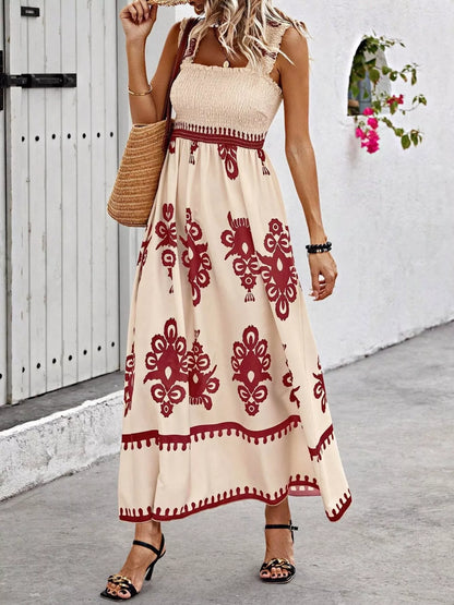 Smocked Printed Square Neck Maxi Dress
