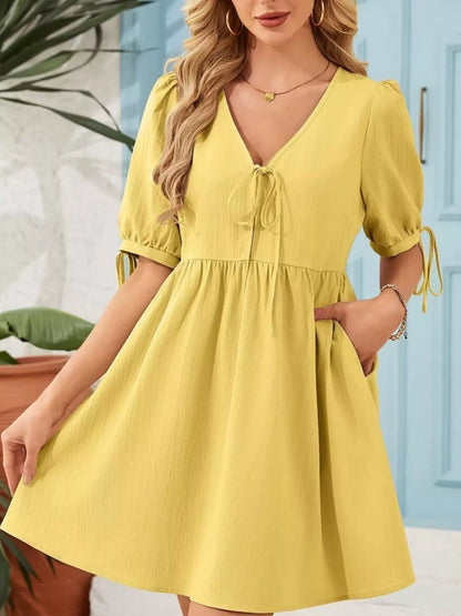 Tie-Neck Puff Sleeve A-Line Mini Dress