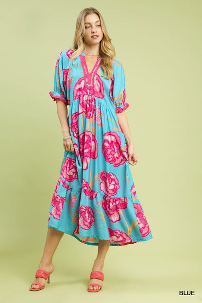 Umgee Floral Print Midi Dress with Contrast Trim