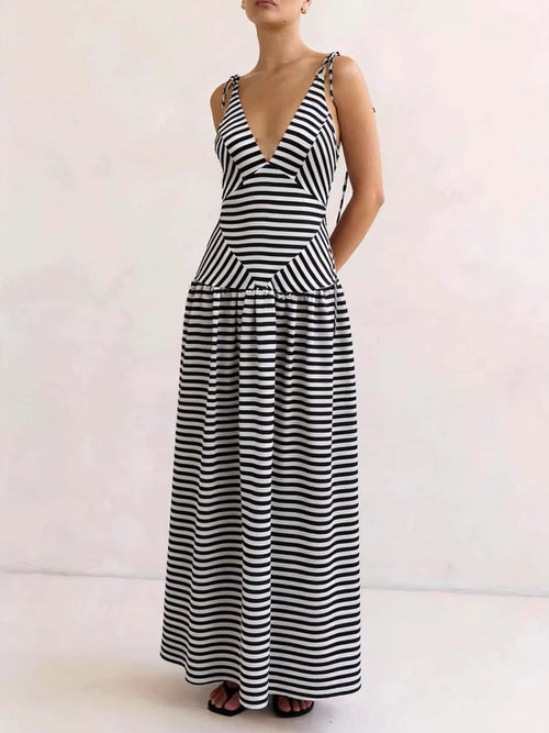 Striped V-Neck Tie-Shoulder Maxi Dress