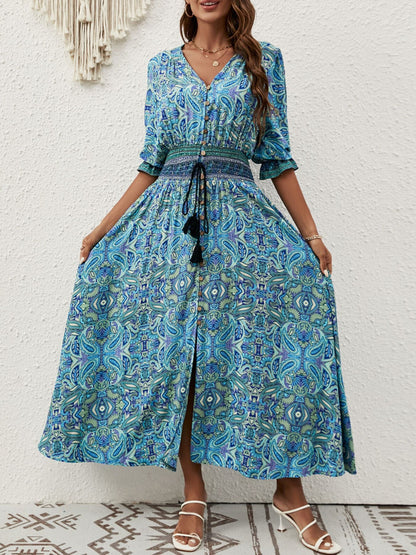 Paisley Print Half Sleeve Slit Midi Dress