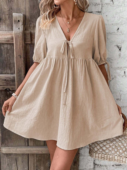 Tie Front Puff Sleeve Mini Dress
