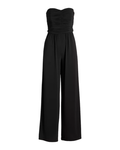 Strapless Ruched Wide Leg Knit Jumpsuit Black