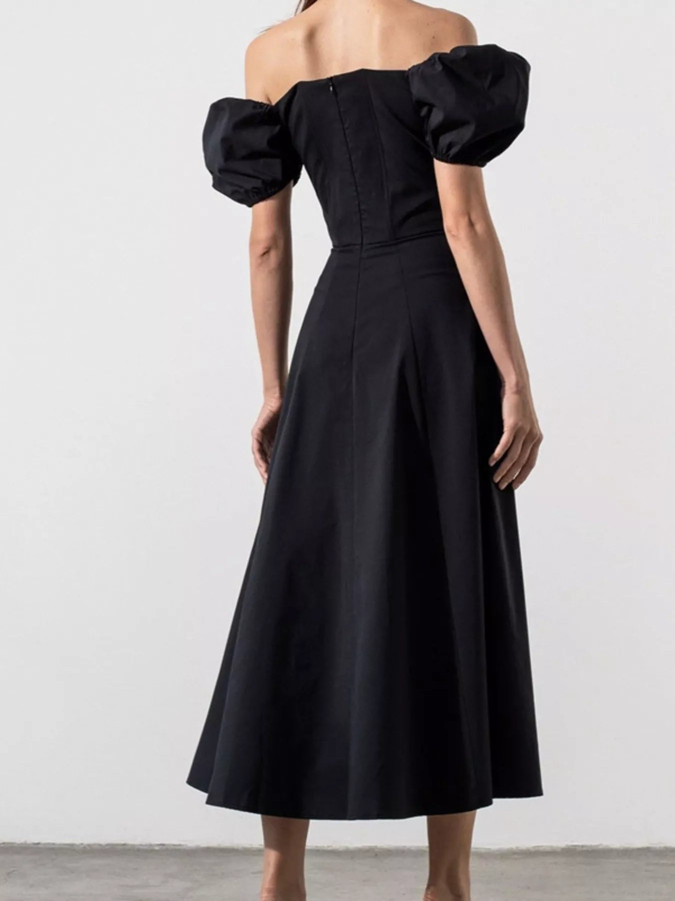 Puff Sleeve Tie Front Slit Midi Dress