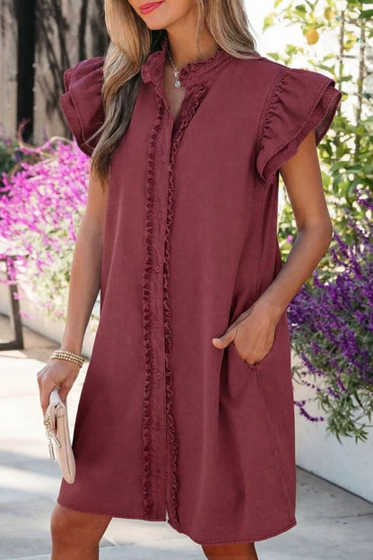 Frilled Detail Button Down Ruffle Short Sleeve Denim Mini Dress