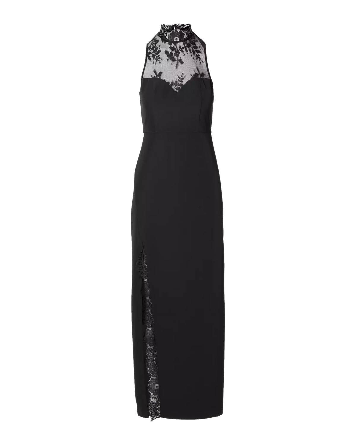 Delicate Lace Mock Neck Slit Maxi Dress Black