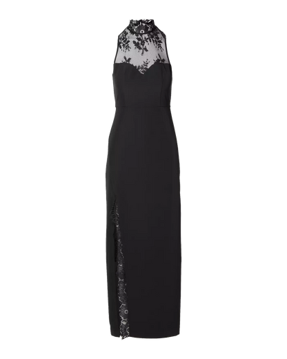 Delicate Lace Mock Neck Slit Maxi Dress Black