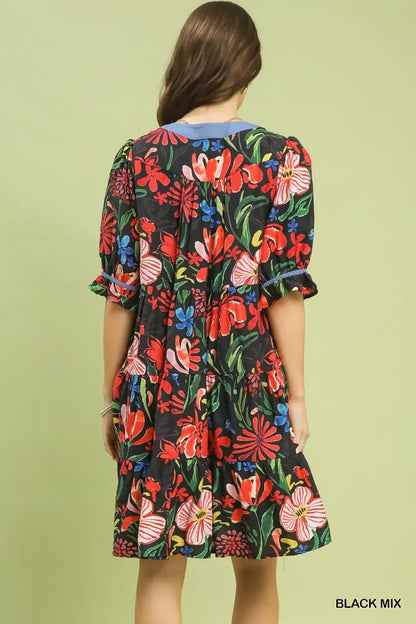 Umgee Floral Tiered Puff Sleeve Dress