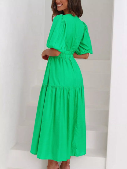 V-Neck Puff Sleeve Midi Dress