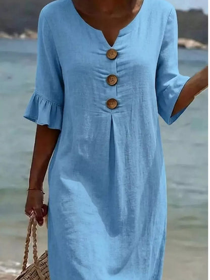 Full Size Button Decor Flounce Sleeve Dress Plus Size
