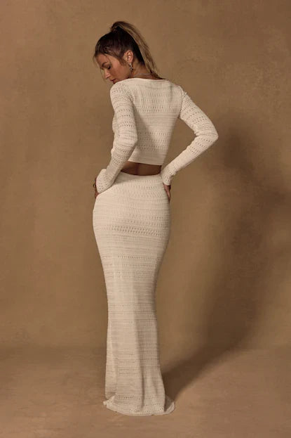 Shenoah White Crochet Cutout Long Sleeve Maxi Dress