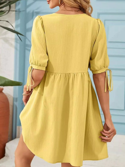 Tie-Neck Puff Sleeve A-Line Mini Dress