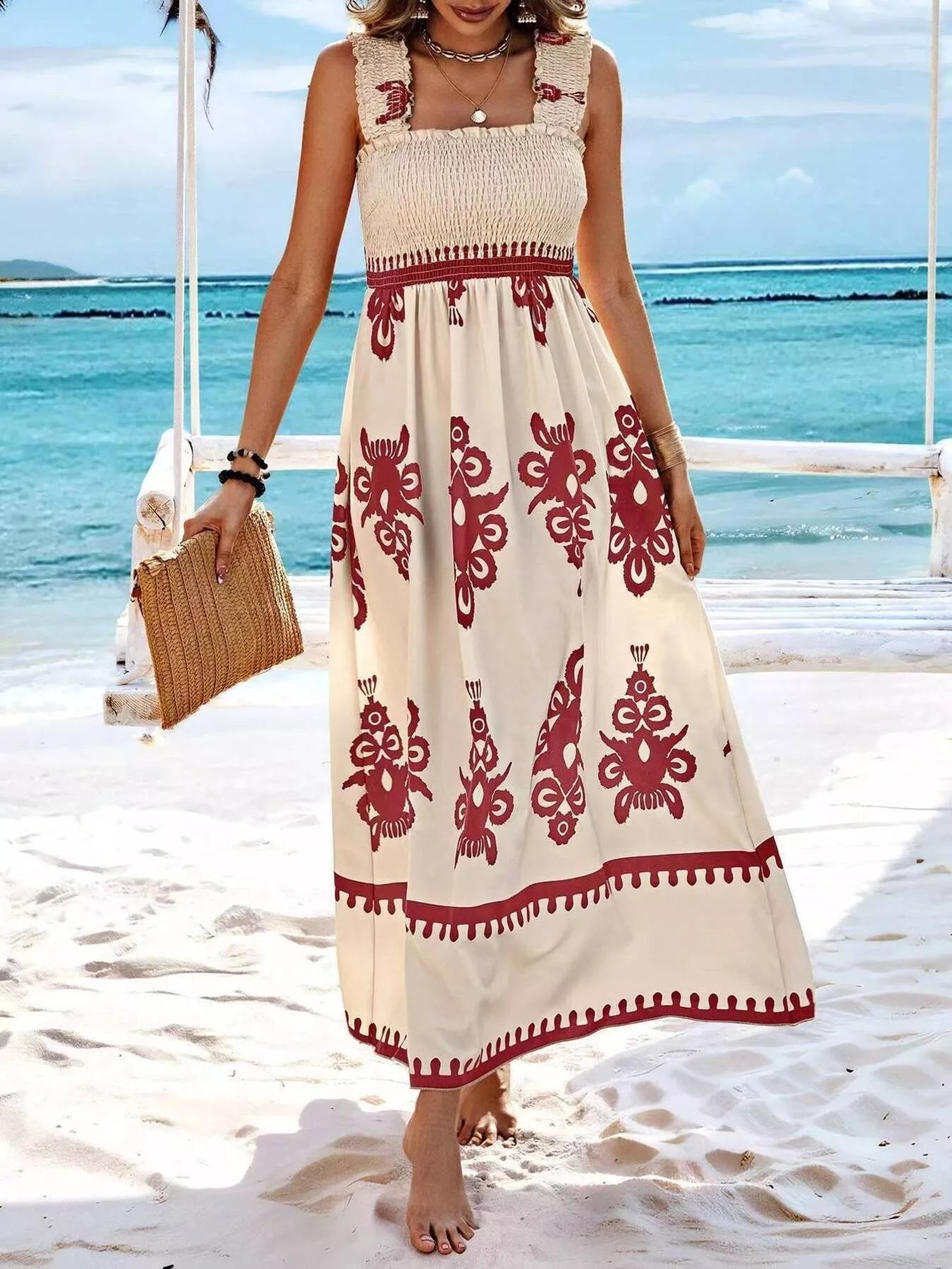 Smocked Printed Square Neck Maxi Dress