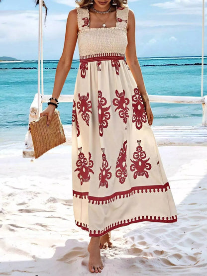 Smocked Printed Square Neck Maxi Dress