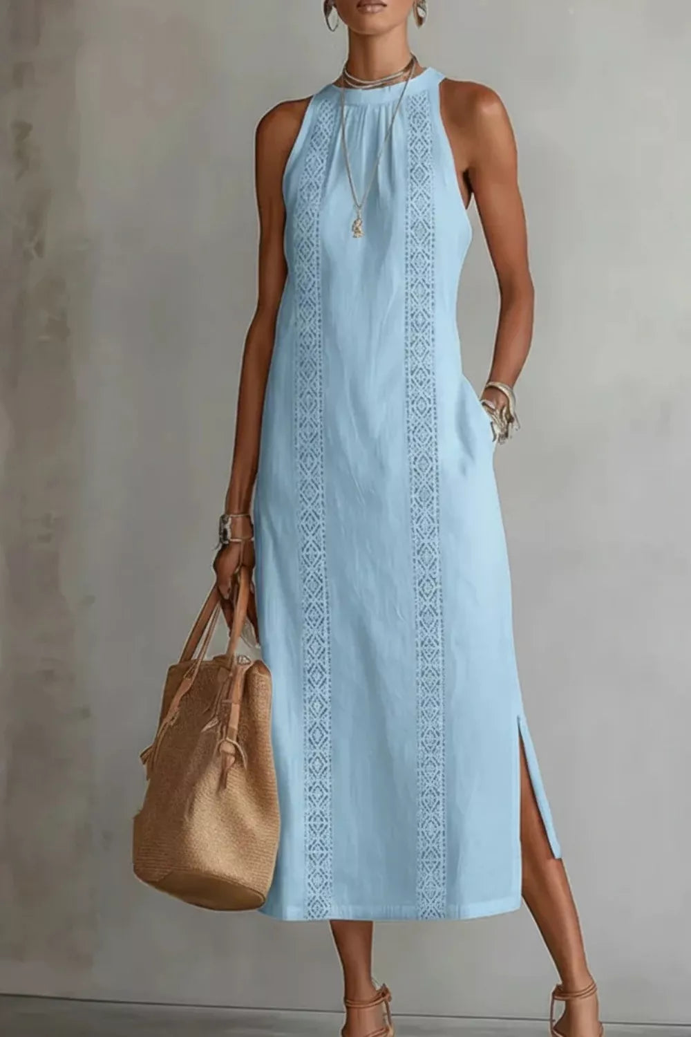 Sleeveless Side Slit Dress with Pockets