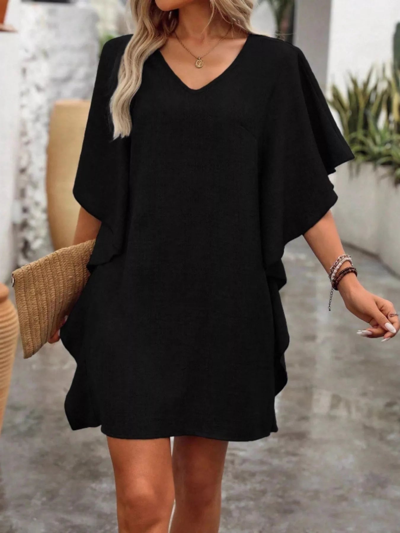 Flowy Sleeve V-Neck Casual Mini Dress