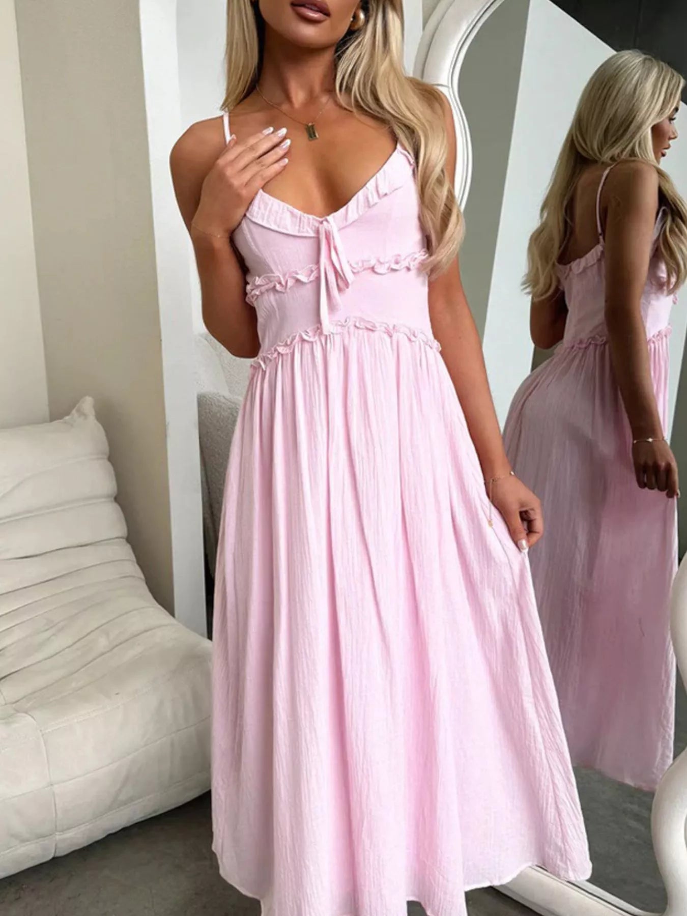 Ruffled Trimmed Spaghetti Strap Midi Dress