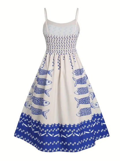 Sardine Print Spaghetti Strap Midi Dress