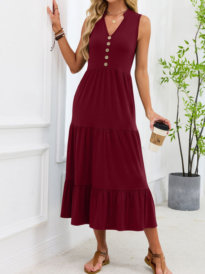 Sleeveless Notched Tiered Midi Dress