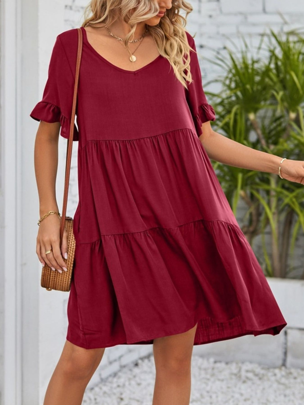 Ruffled Sleeve Tiered Mini Dress