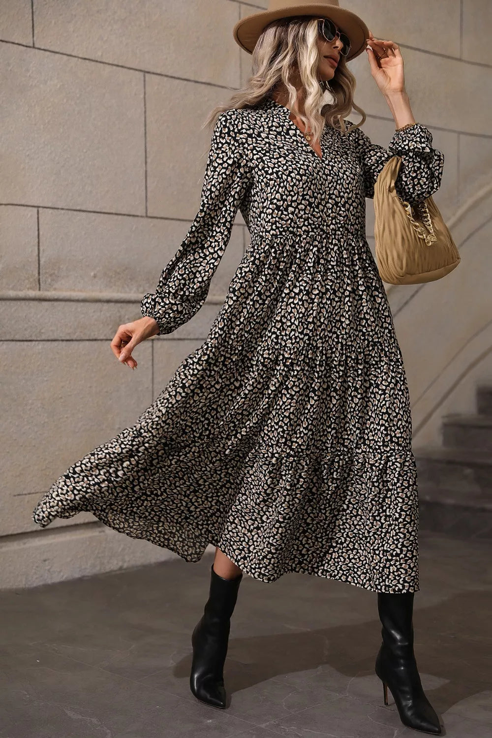Leopard Notched Balloon Sleeve Dress