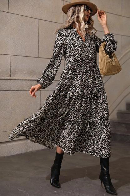 Leopard Notched Balloon Sleeve Dress