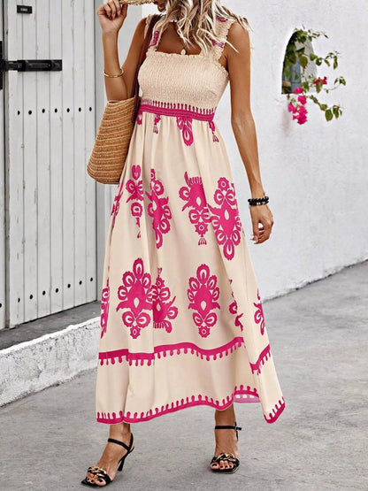 Smocked Printed Square Neck Maxi Dress