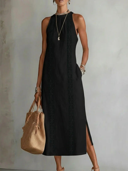 Side Slit Sleeveless Hollow-Out Trimmed Midi Dress