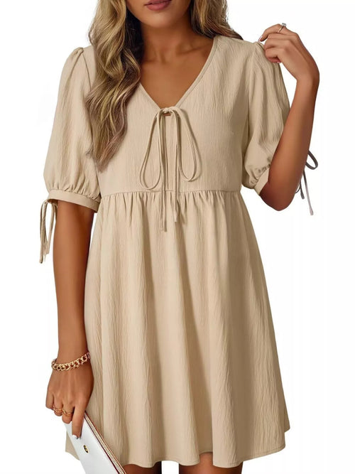 Tie-Neck Puff Sleeve A-Line Mini Dress