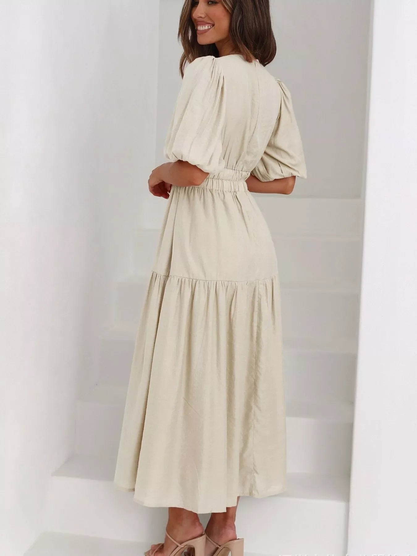 V-Neck Puff Sleeve Midi Dress