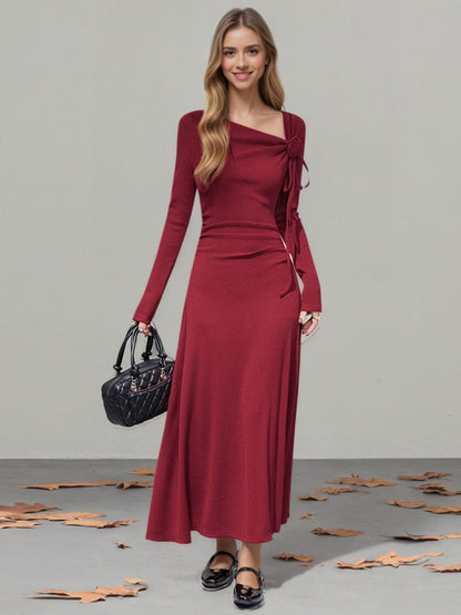 Flower Asymmetrical Neckline Long Sleeve Dress