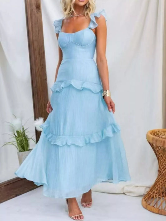 Ruffled Lace Up Back Maxi Dress