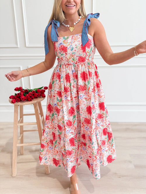 Floral Print Tie-Shoulder Midi Dress