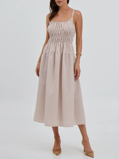 Striped Smocked Bodice Midi Dress