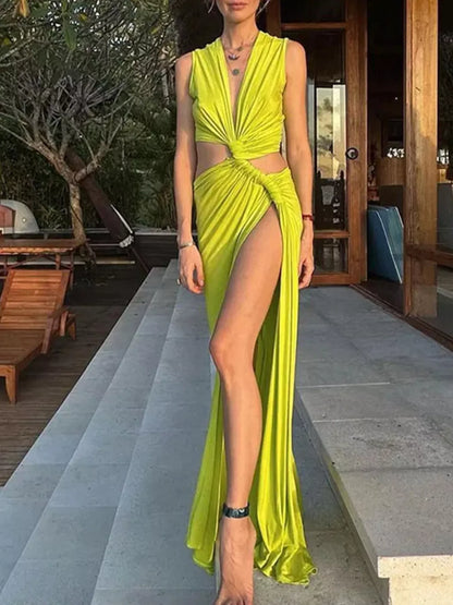 Deep V-Neck High Slit Maxi Dress