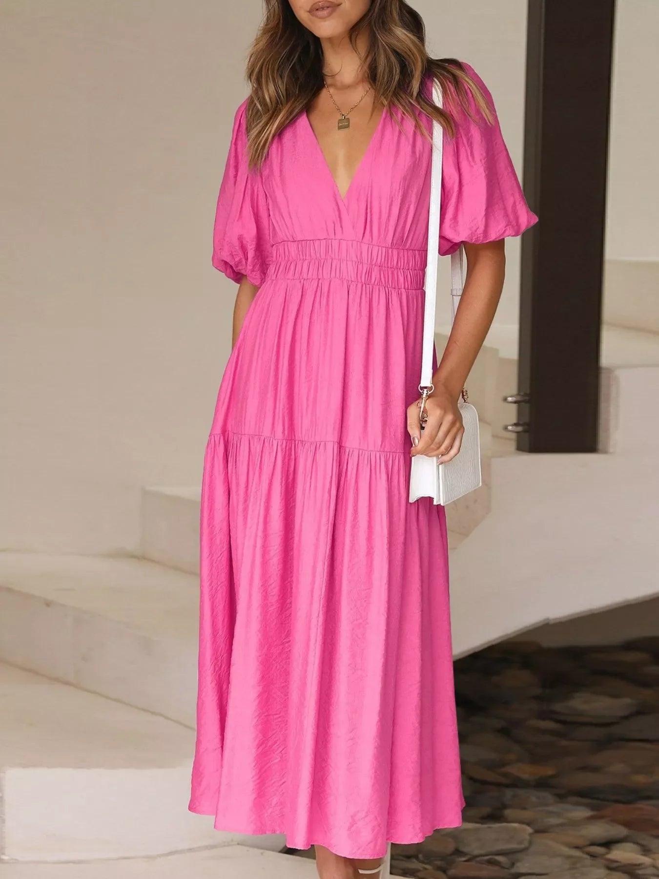 V-Neck Puff Sleeve Midi Dress
