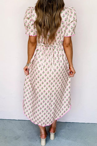 Floral Print V Neck Scallop Trim Button Front Short Sleeve Dress