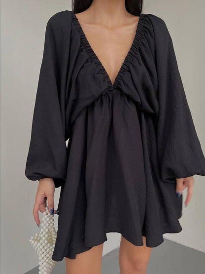 Deep V-Neck Balloon Sleeve Dress
