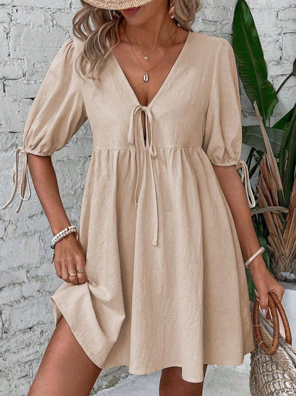 Tie Front Puff Sleeve Mini Dress