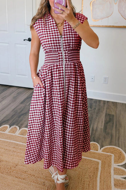 Gingham Zip-Front Midi Dress
