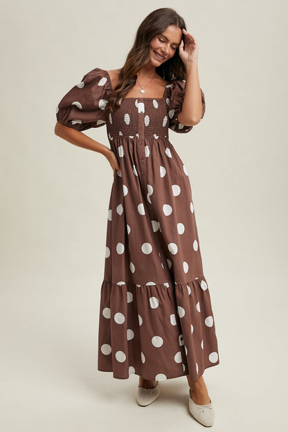 Puff Sleeve Polka Dot Maxi Dress