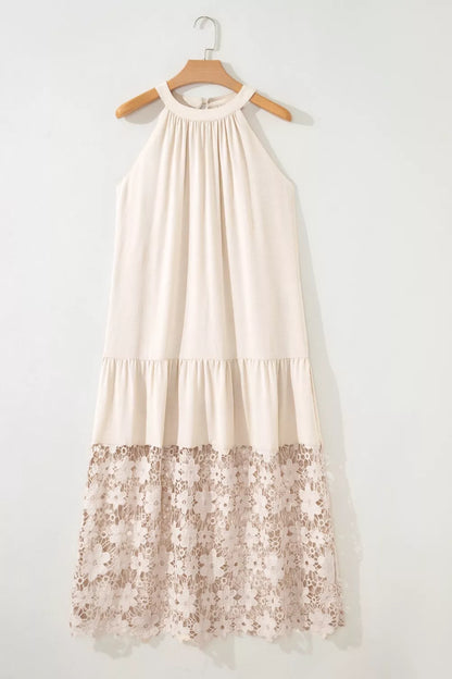 Hollowed Floral Lace Hem Patchwork Loose Halter Summer Dress