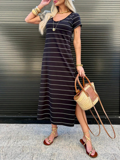 Slit Casual Striped Midi T-Shirt Dress