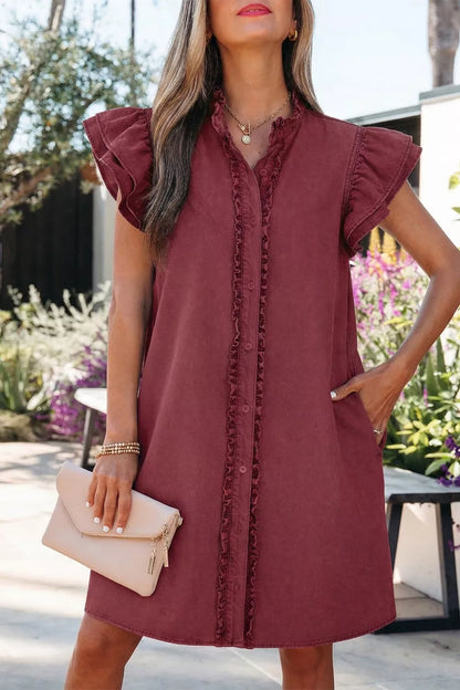 Frilled Detail Button Down Ruffle Short Sleeve Denim Mini Dress