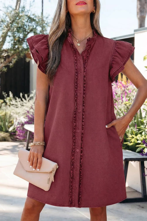 Frilled Detail Button Down Ruffle Short Sleeve Denim Mini Dress