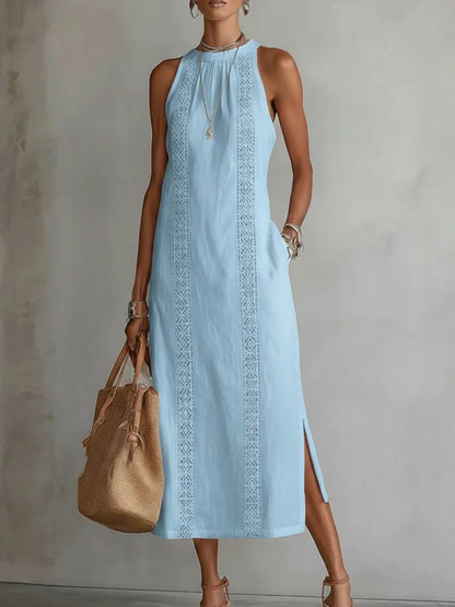 Side Slit Sleeveless Hollow-Out Trimmed Midi Dress