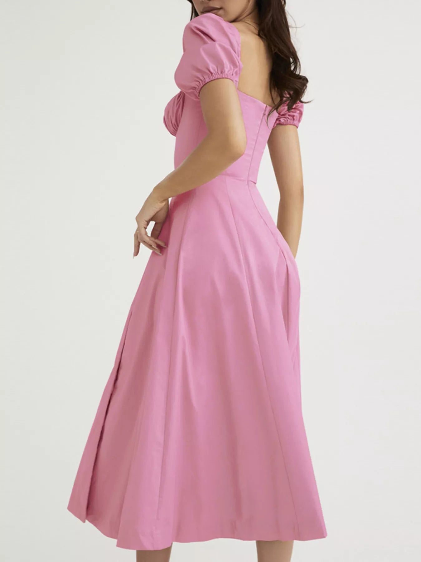 Puff Sleeve Tie Front Slit Midi Dress