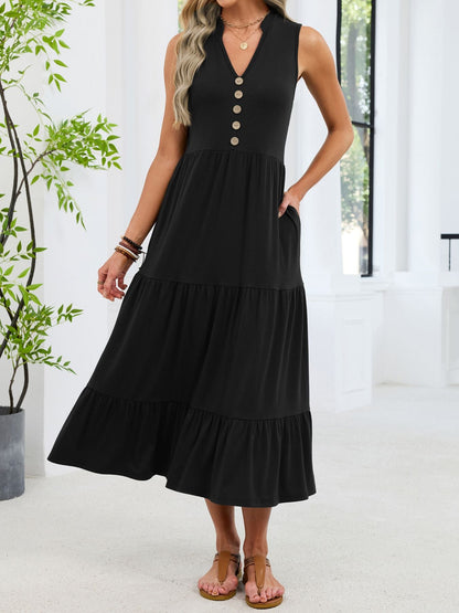 Sleeveless Notched Tiered Midi Dress