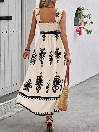 Smocked Printed Square Neck Maxi Dress
