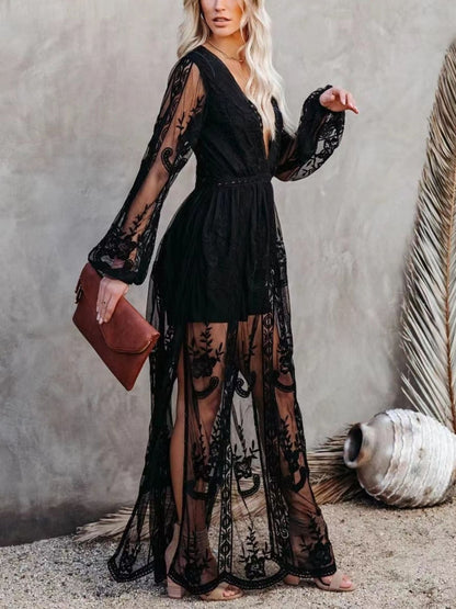 Floral Lace Slit Maxi Dress